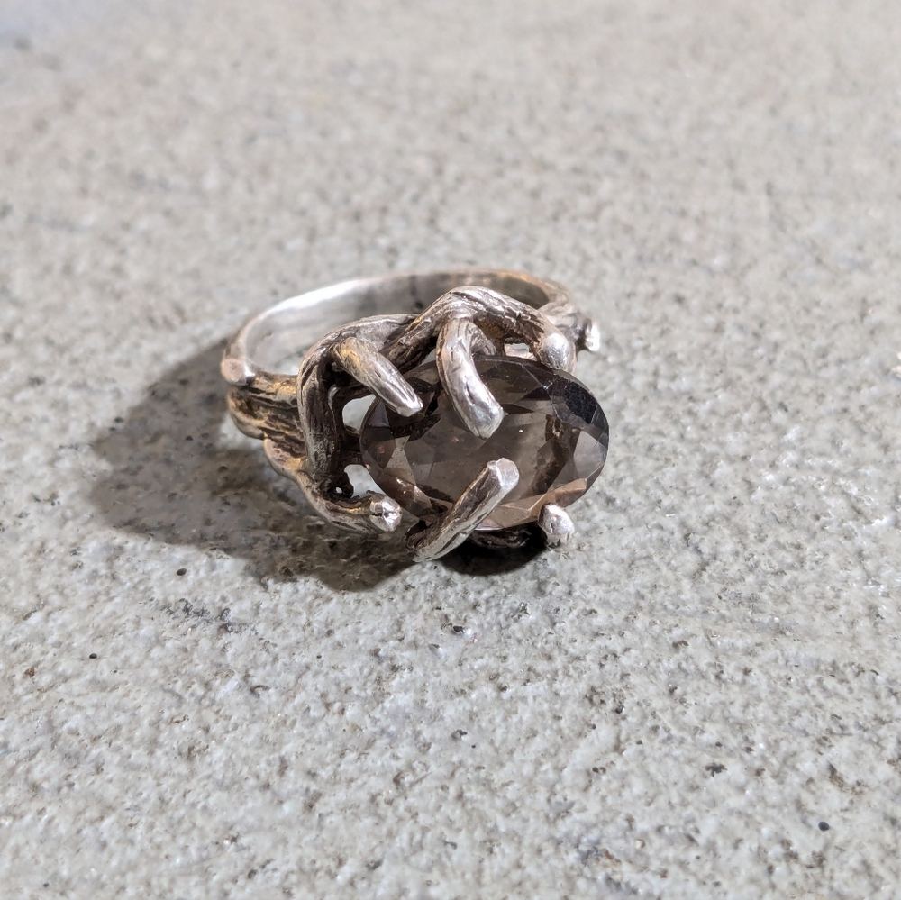 Sterling Silver Ring Smoky Quartz Brutalist